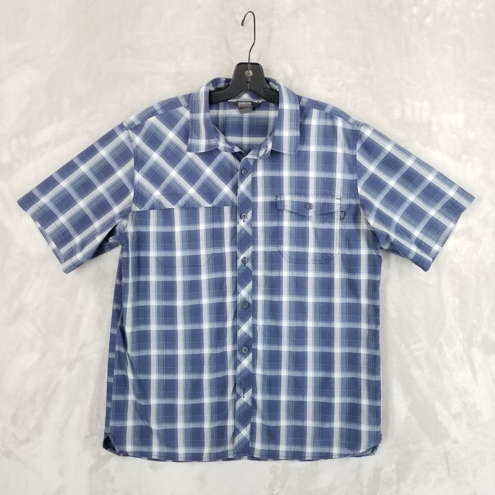 Outdoor Research Shirt Men Large Blue‎ Plaid Riff UPF Cotton Blend Short Sleeve